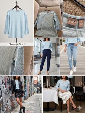 Chico’s Light Blue Chevron Textured Knit Top Lace Crochet Sleeve Detail Size 1